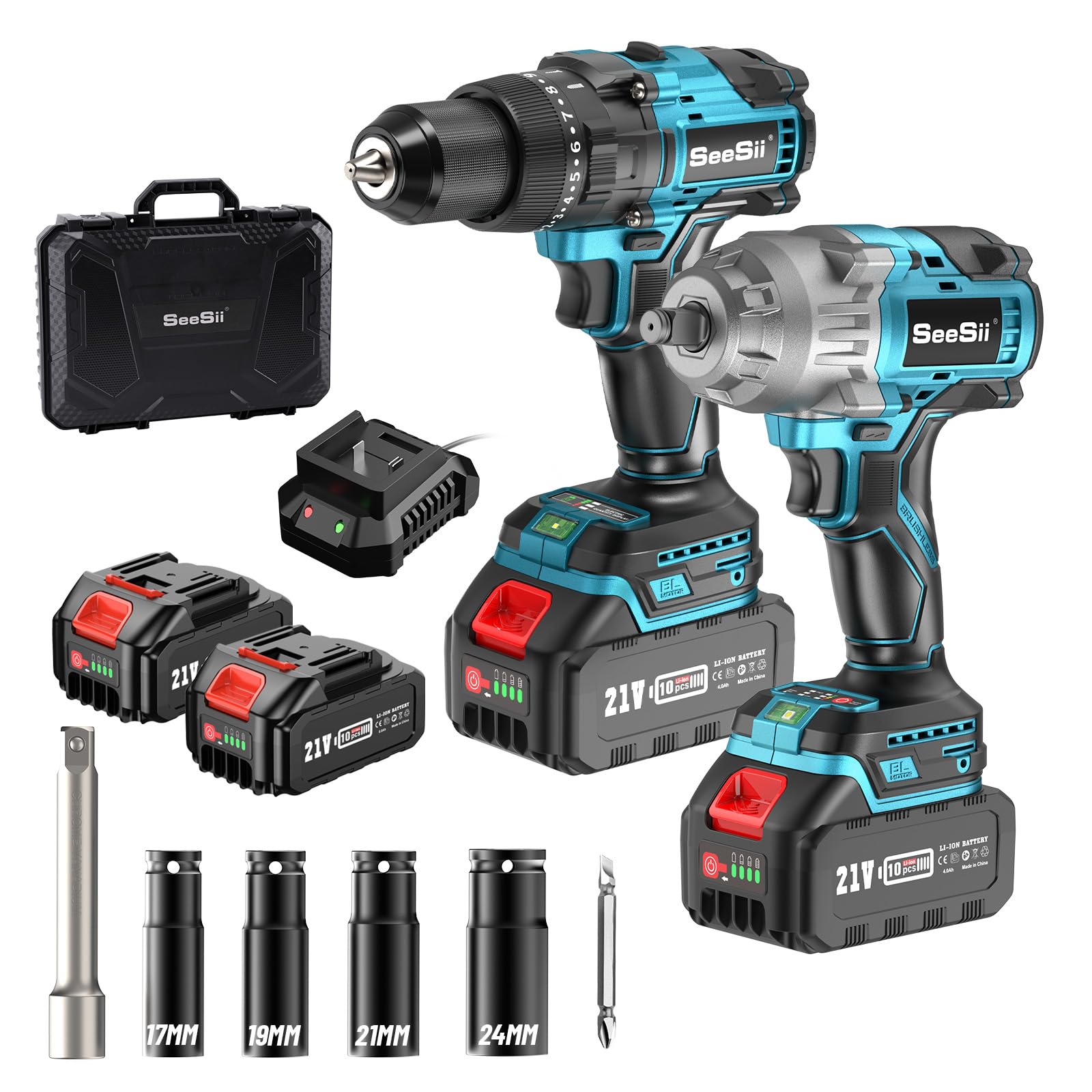 Seesii 21V Cordless Impact Wrench and Drill, 2-Tool Power Tool Combo ...