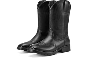 Rollda Cowboy Boots for Men Western Boots Men's Square Toe Chunky Heel Mid-Calf Boots Classic Embroidered Pull On Tabs