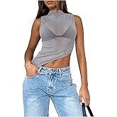 RoseSeek Women's Sheer Mesh Mock Neck Tank Tops Sleeveless Asymmetrical Hem Crop Tops Clubwear