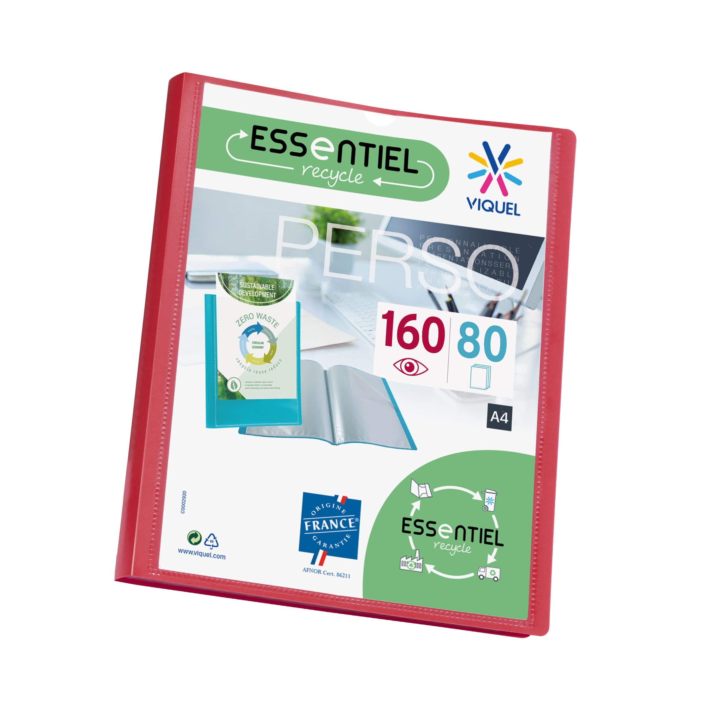 Viquel - A4 160 Pockets Display Book - Customisable Binding - Smooth Clear Pockets - Recycled Essential - Red