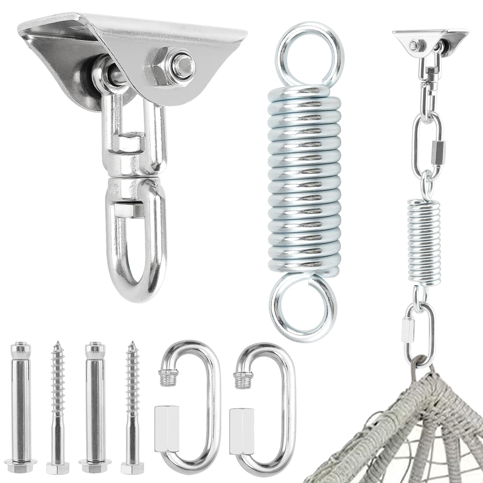 KEILEOHO Hanging Chair Suspension Set, Stainless Steel Ceiling Hooks, Hanging Chair, Swing Spring with 2 Carabiners and 150 mm Steel Spring, Hanging Spring for Punch Bag, Hammock, Yoga, 400 kg