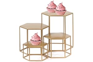 MinWadil Set of 4 Metal Display Risers, Brass Hexagonal Nesting Buffet Riser Set, Modern Brass Buffet Display Stands for Food, Food Display Risers for Buffet Cupcake Small Potted Plants
