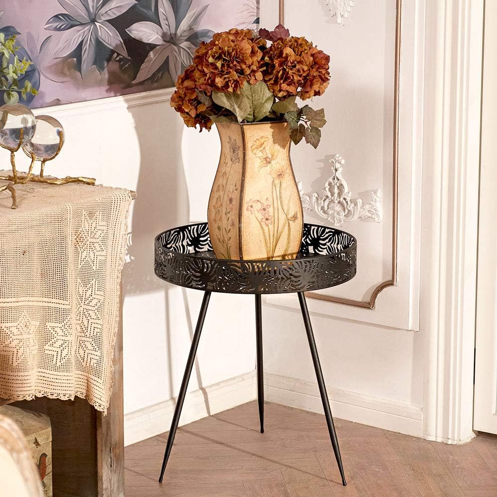 Donosura Side Table Plant Table 16 Inch End Table Indoor Outdoor Coffee Table Perfect for Picnic Food Kitchen Bedroom Graden Patio, Black Metal Round : Garden & Outdoor