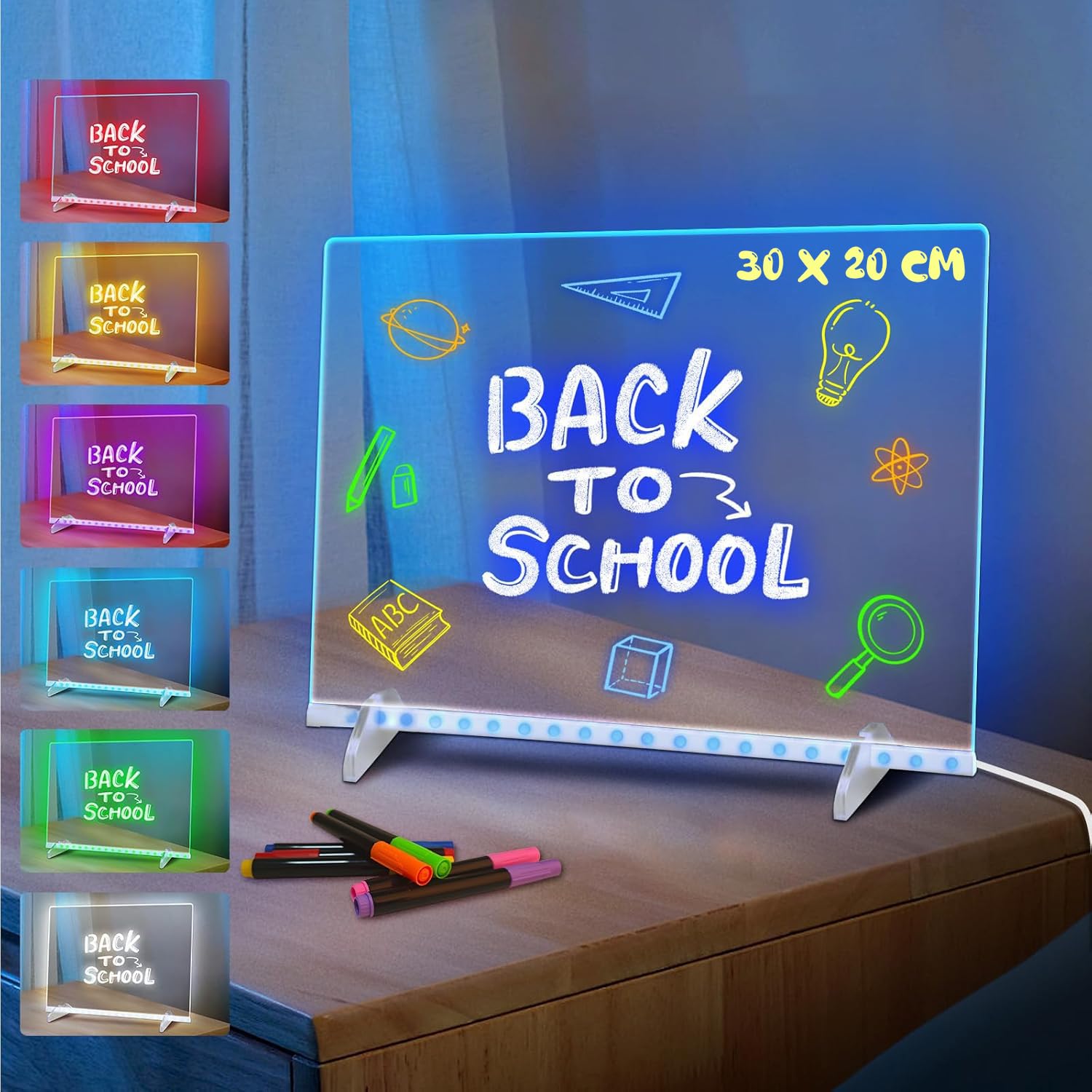 LED Note Drawing Board for Children, 30x20CM Drawing Pad with Stand for Kids, 7 Color Light Modes, Reusable Acrylic Writing Tablet with 7 Markers, Creative Sketching Gifts for Boys and Girls
