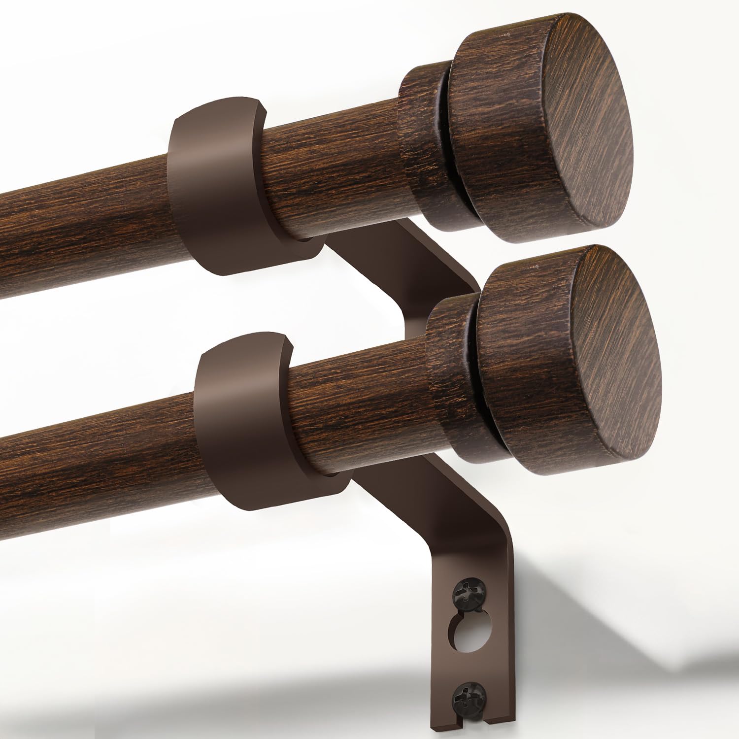 Photo 1 of 2 Pack Deep Walnut Wood Grain Curtain Rods for Windows 28 to 48 Inches 1" Diameter Heavy Duty Window Curtain Rod Adjustable with Solid Finials for Living Room Bedroom Kitchen Farmhouse Outdoor