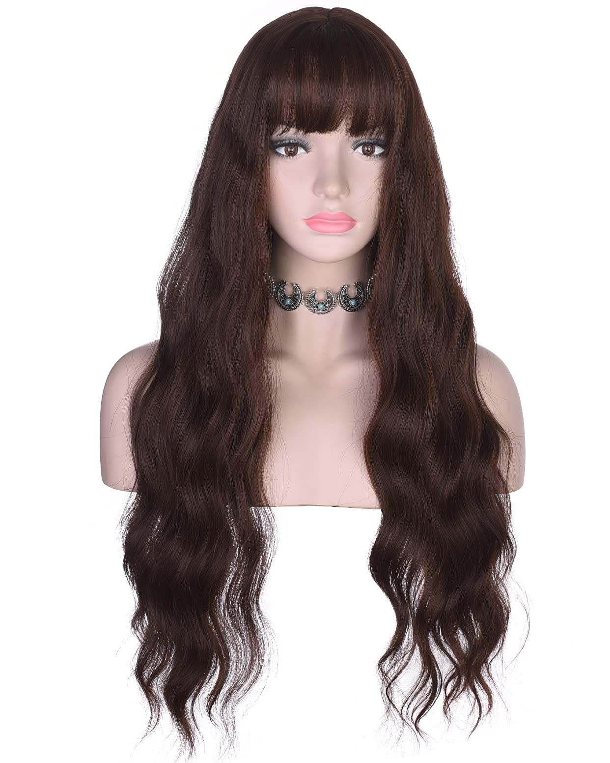 Photo 1 of AMZCOS Long Wavy Brown Wig with Bangs for Women | Heat Resistant Synthetic Hair Wigs for Daily Use (Brown)