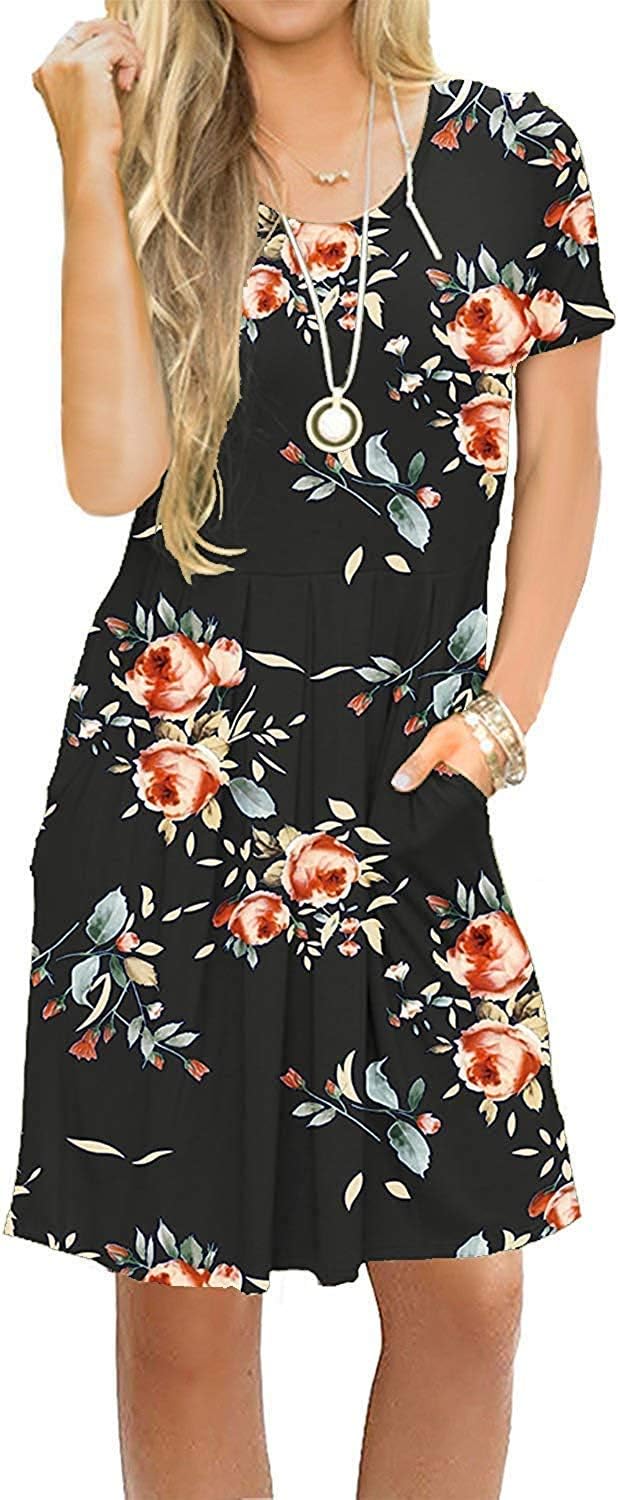 Women's Short Sleeve Pleated Loose Swing Casual Dress with Pockets Knee Length