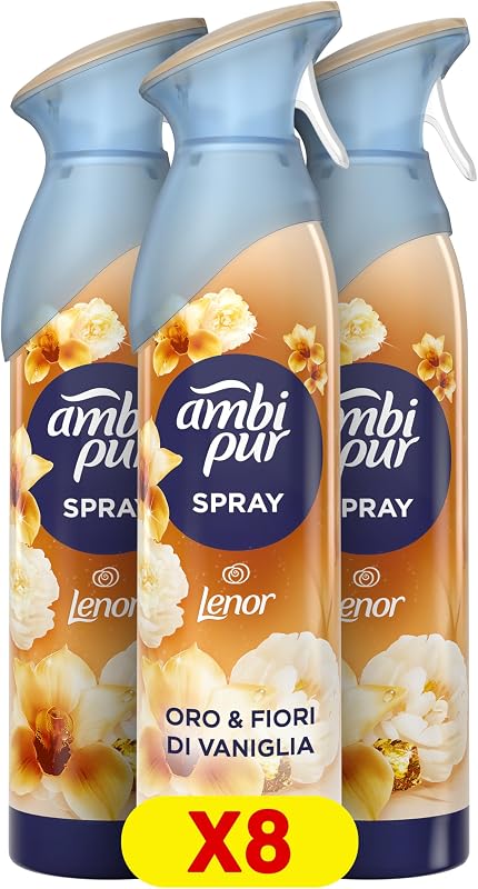 Ambi Pur Deodorante Ambiente Spray, Confezione da 8 Deodoranti, Fragranza Oro e Fiori di Vaniglia, Combatte Gli Odori In Qualsiasi Stanza Della Casa — foto 1 di 6