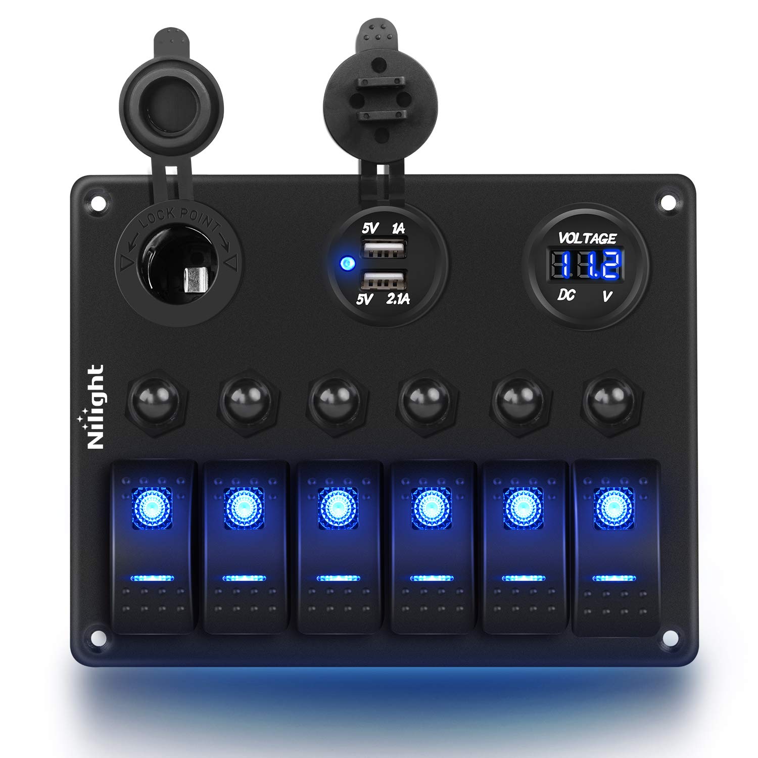 Nilight 6 Gang 5 Pin ON/Off Toggle Rocker Switch Panel with 12V-24V LED Digital Voltmeter 3.1A Dual USB Charger Cigarette Lighter Socket Overload Protection For RV Truck Boat SUV, 2 Years Warranty: Automotive