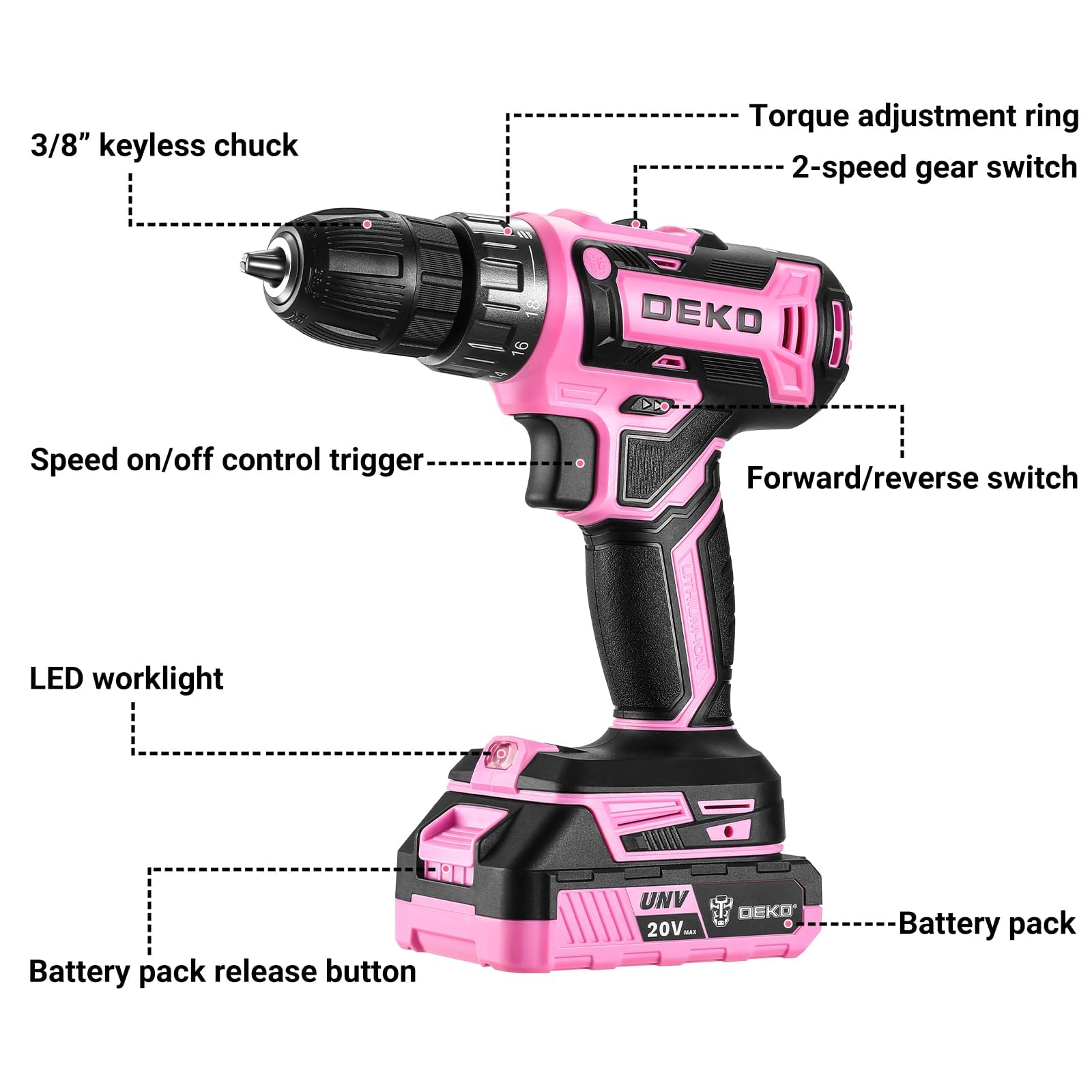 Power Drill Cordless: DEKOPRO Pink Cordless Drill 20V Electric Power Set Tool for Women Drills with Battery and Charger Drills Driver Kit