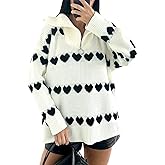 Yimoon Heart Sweater for Women Valentines Day Sweater Oversized Quarter Zip Knit Pullover Cute Chunky Knitwear