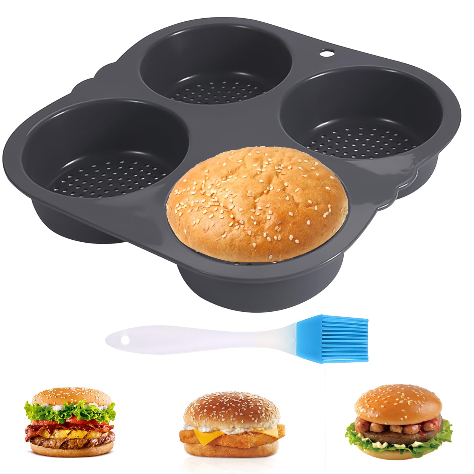 Les-Theresa 4/6 Cavities Silicone Hamburger Mould, Hamburger Bun Pan Reusable Burger Bun Baking Tray, Non-Stick Perforated Burger Bread Mold for Microwave, Oven, Fridge and Dishwasher (02)