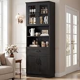 Unikito 80" Tall Kitchen Pantry Cabinet with Doors &amp; Shelves, Black | Freestanding Kitchen Hutch Storage Cabinet with Tempered Glass Doors &amp; Drawer, Wood Cupboard for Dining Room, Living Room