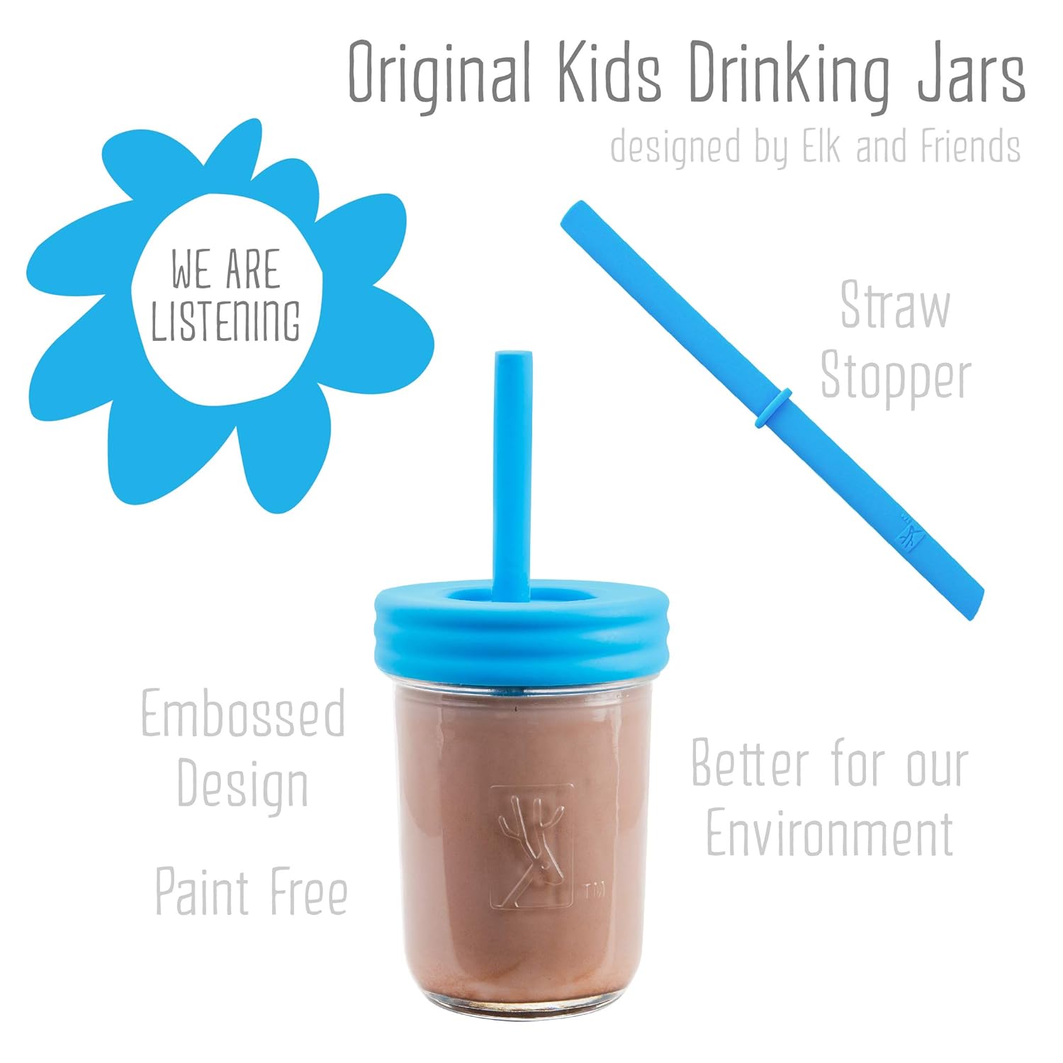 Elk and Friends Kids & Toddler Cups | The Original Glass Mason jars 8 oz with Silicone Sleeves & Silicone Straws with Stoppers | Smoothie Cups | Spill Proof Sippy Cups for Toddlers : Baby
