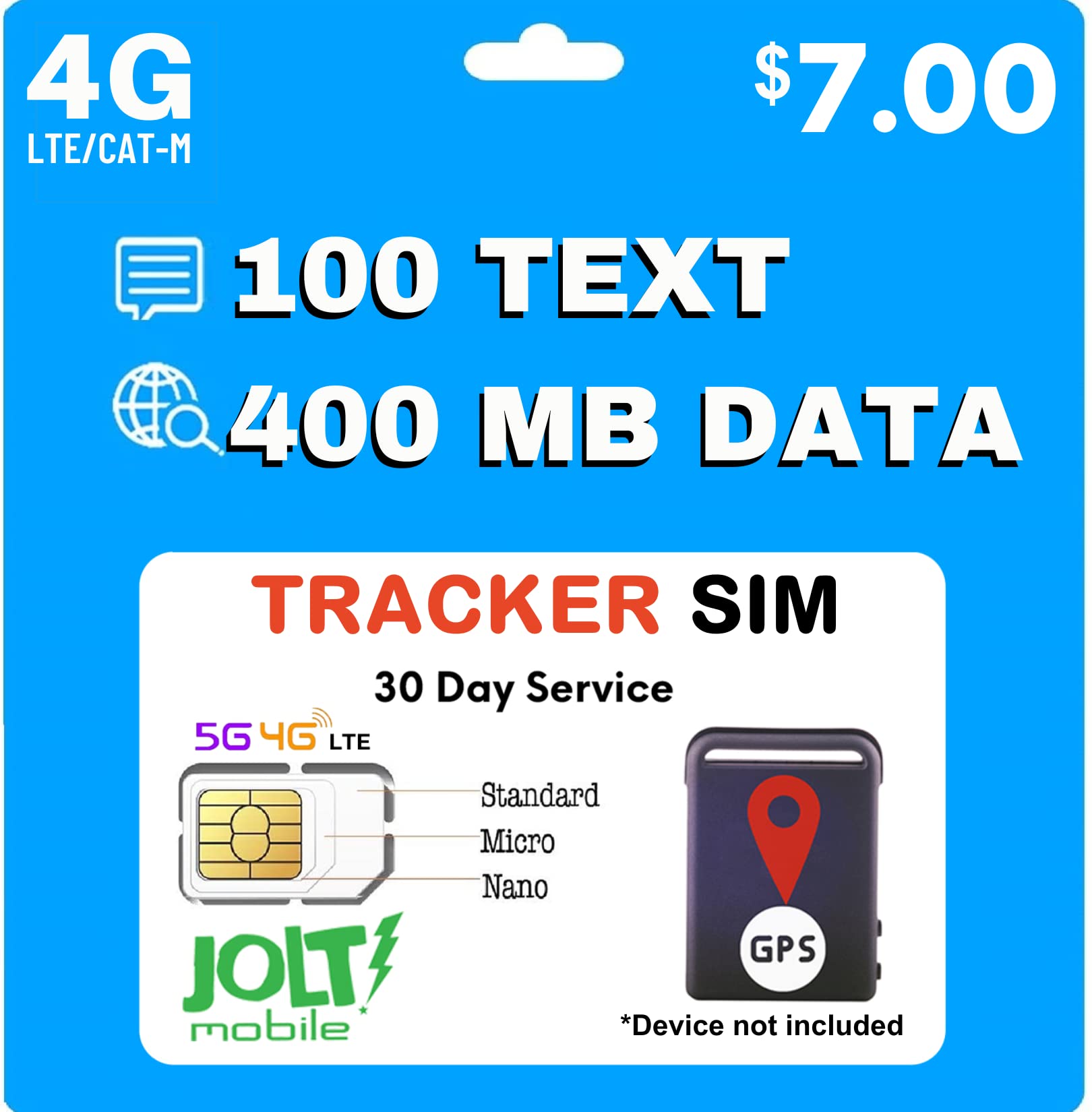 Jolt Mobile $7 AT&T 4G LTE GSM SIM Card for GPS Trackers | Pet Senior Kid Child Car Tracking Device | 3 in 1 Simcard - Standard Micro Nano | No Contract | Nationwide 30 Days Wireless Plan