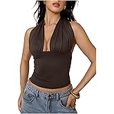 Milumia Women's Tie Backless Halter Top Y2k Going Out Deep V Neck Ruched Crop Tank Top