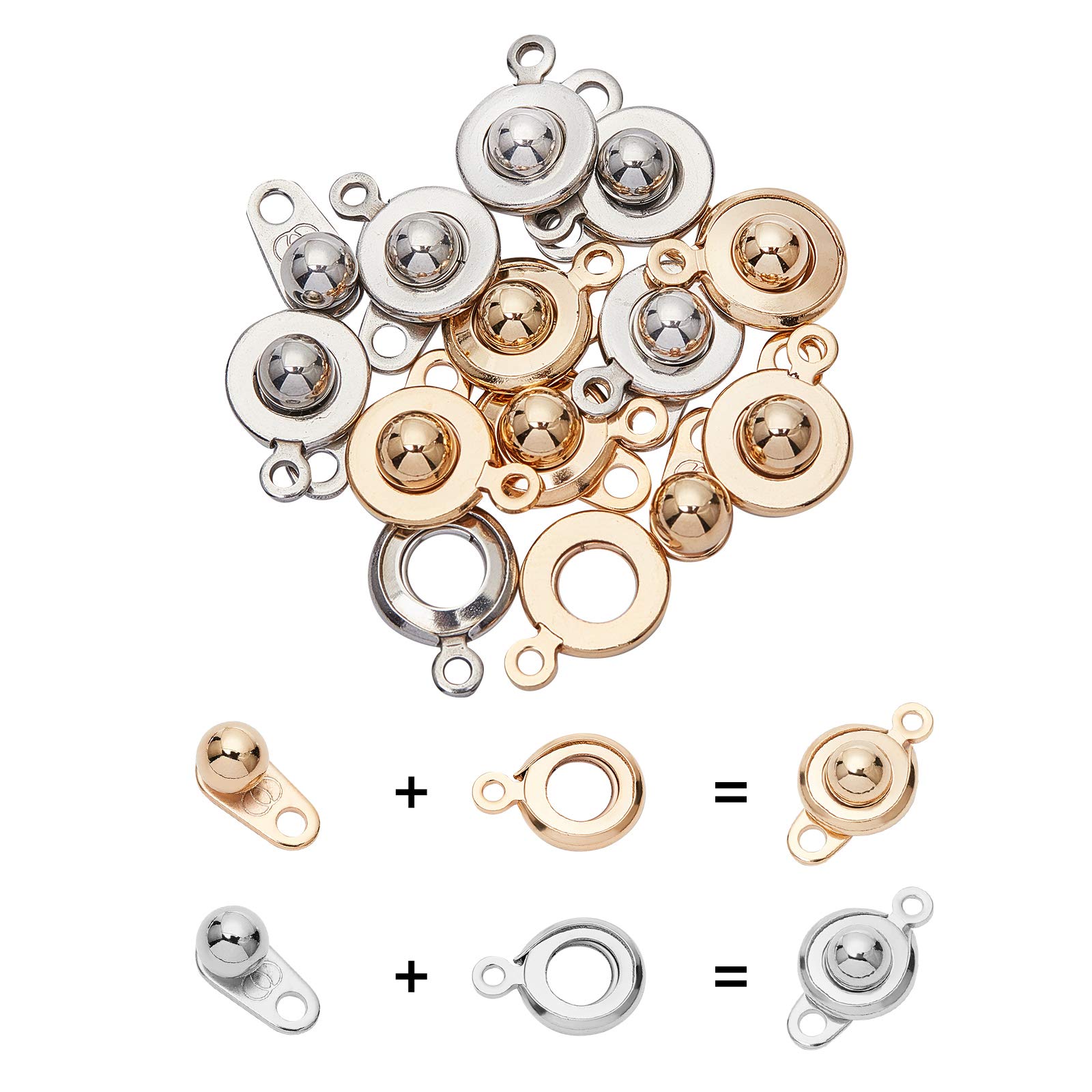 UNICRAFTALE 12 Sets 2 Colors Snap Button Clasps Ball Socket Snap Clasps Fastener Clasp Stainless Steel Round Clasps with 2 Holes Fastener Clasp Connector Jewelry Clasps for Bracelets Making