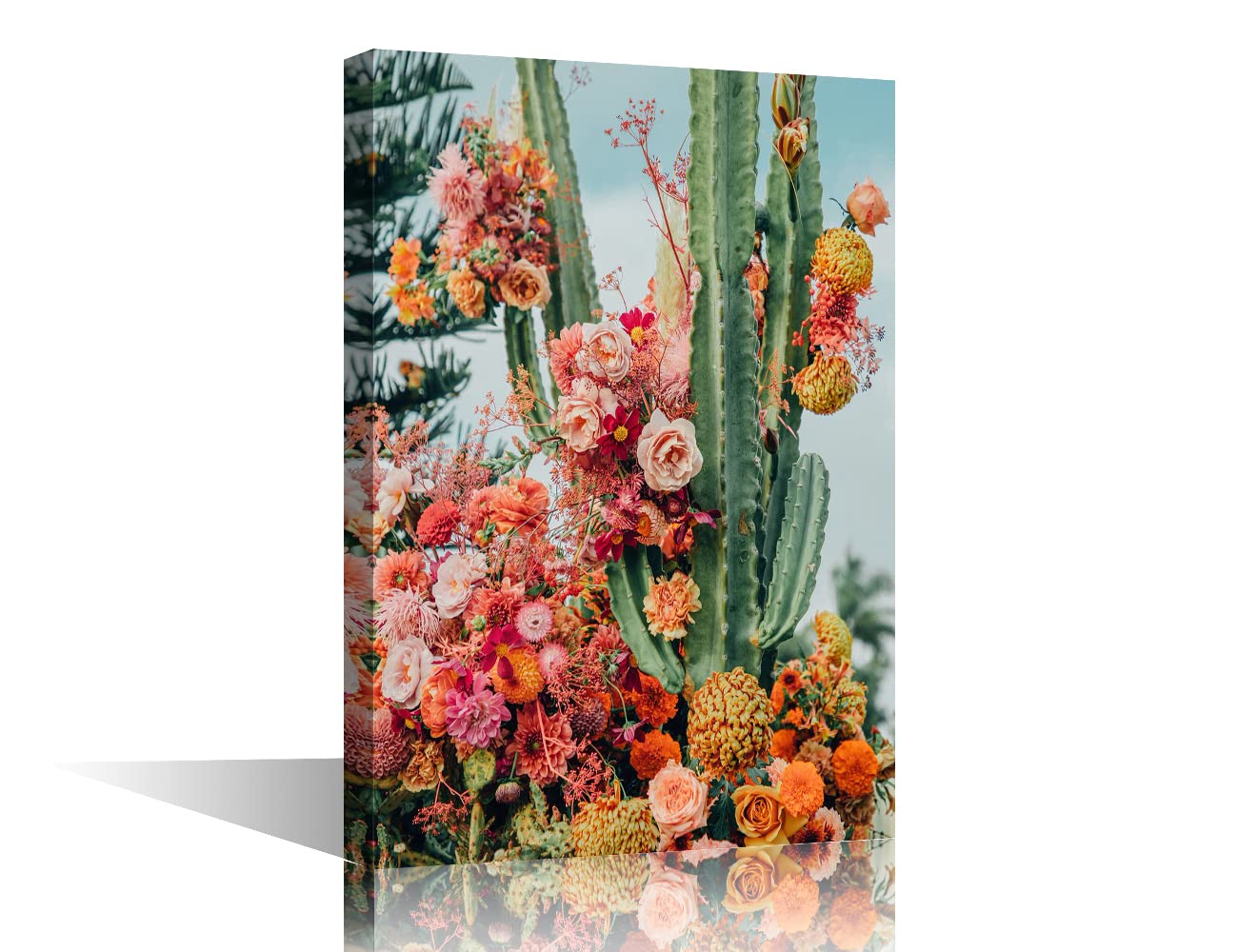 Wall Art Painting Cactus and Flowers Picture Print on Canvas Wall Decor Poster Framed and Stretch Canvas Artwork for Living Room Bedroom Ready to Hang 16x24inch (40x60cm)