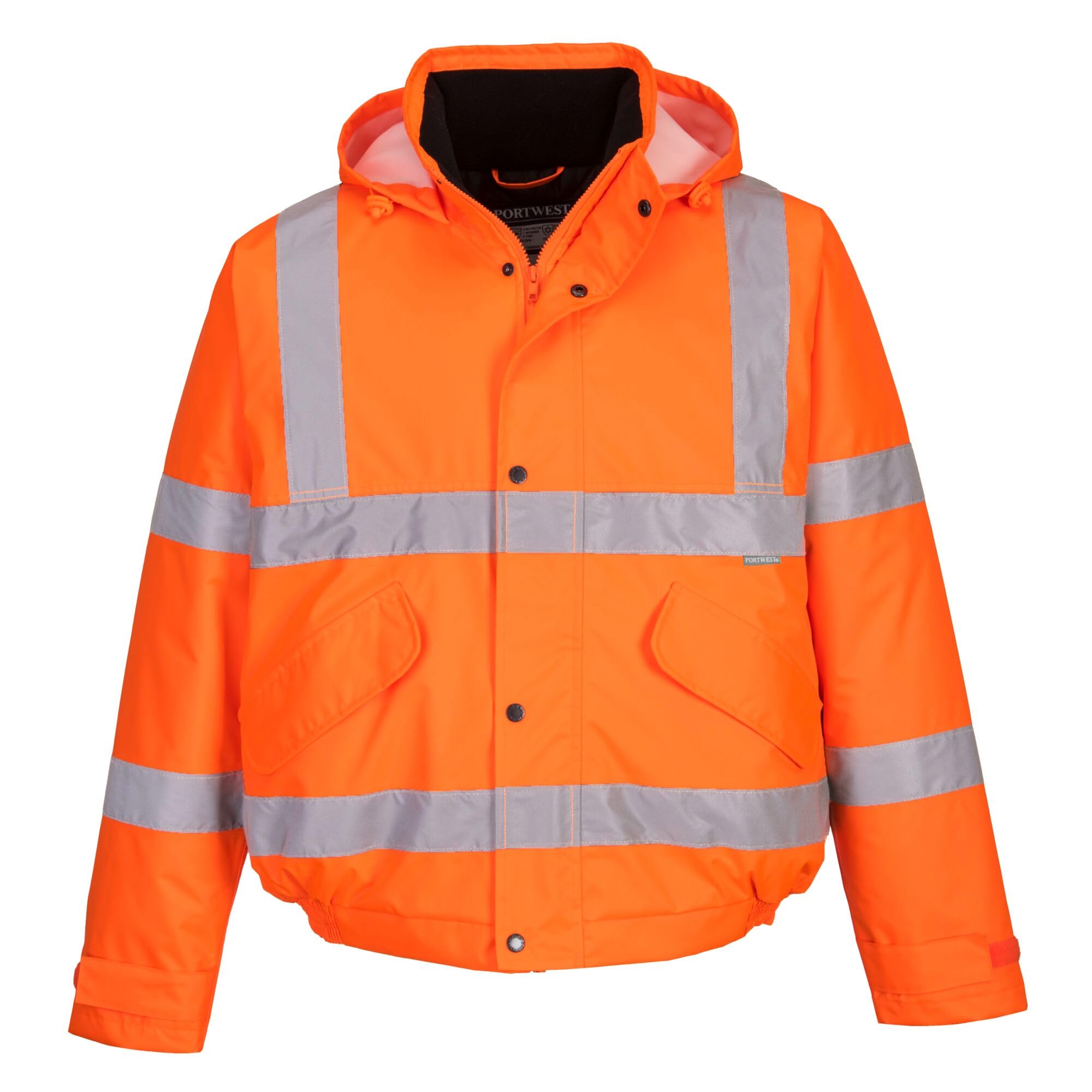 Portwest S463 Men's Hi-Vis Winter Bomber Jacket Waterproof Safety Cold Protection EN342 Certified Reflective Tape Texpel Eco Fabric Multiple Pockets Pack Away Hood, Orange, XS