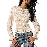 SHENHE Women's Puff Long Sleeve Shirred Blouses Dressy Casual Crew Neck Ruffle Hem Elegant Fall Tops