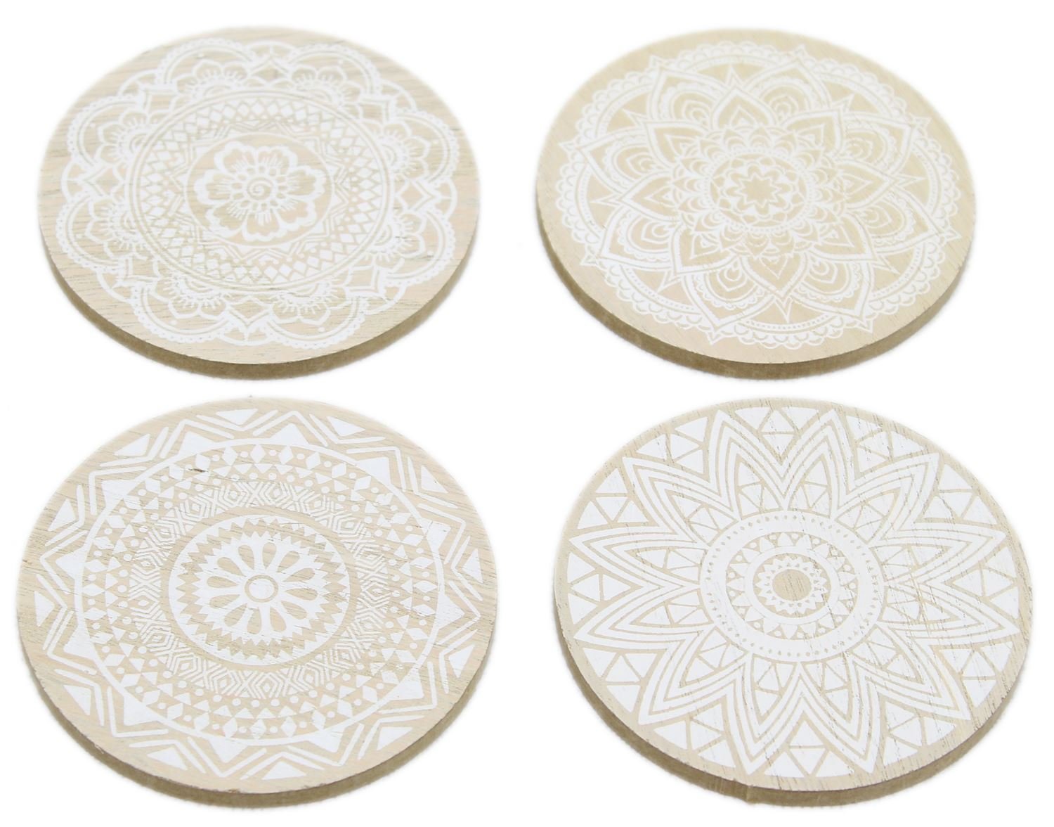 Carousel Home and Gifts Set of 4 Geometric Mandala Flower Style Boho Wooden Drinks Coasters