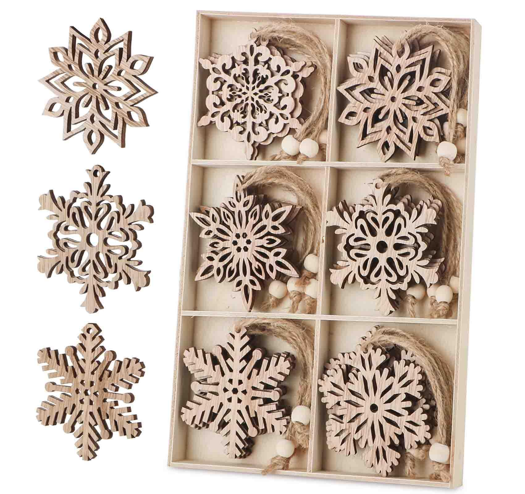 Binswloo Wooden Snowflakes, 24 Pieces Rustic Christmas Tree Decorations Hanging Ornaments with Hanging Strings for Christmas Decoration Art and Crafts