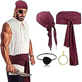 Boyiee 5 Pcs Men Pirate Costume Set for Women Adult Medieval Renaissance Shirt Bandana Sash Belt for Halloween Cosplay Party
