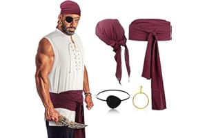 Boyiee 5 Pcs Men Pirate Costume Set for Women Adult Medieval Renaissance Shirt Bandana Sash Belt for Halloween Cosplay Party