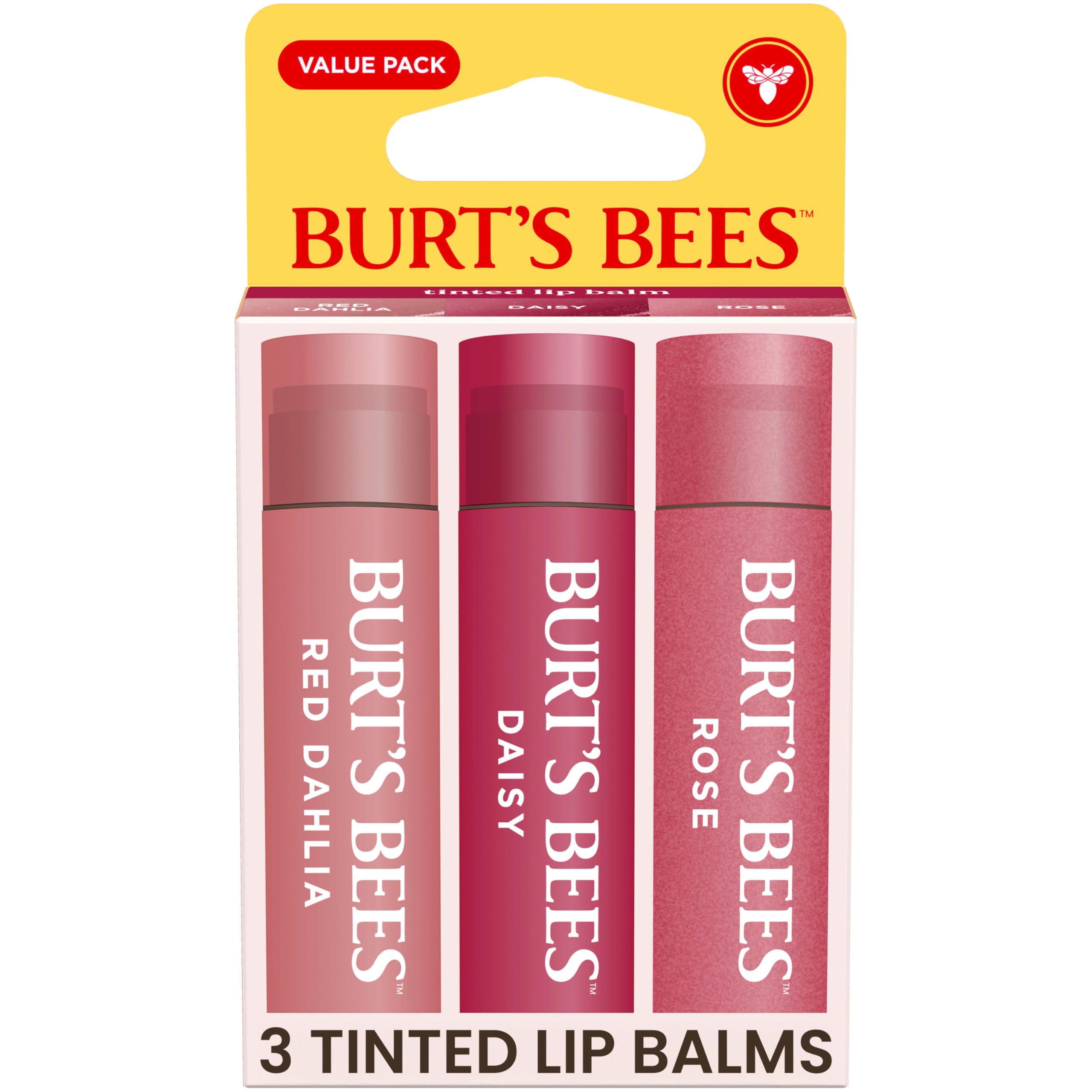 Photo 1 of **2 Only** Burt’s Bees Tinted Lip Balm Value Pack Includes 3 Lip Balms: Red Dahlia, Daisy and Rose; 8 Hour Moisture; Provides a Hint of Color; Nourishing Shea Butter; 100% Natural Origin; 3 Tubes; 3x0.15 Oz.