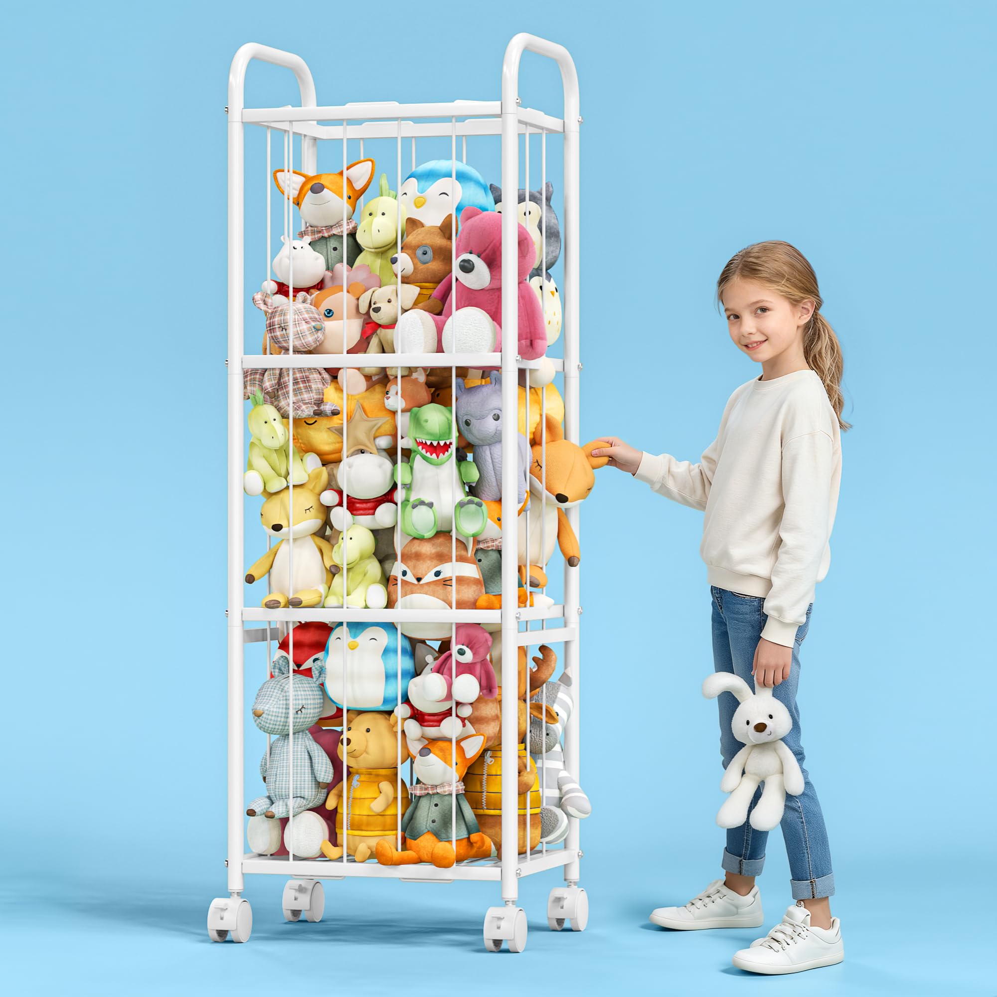 Photo 1 of Stuffed Animal Storage Metal Tube Extra Large Toy Storage Organizer with Brake Wheels, Stuffed Animal Holder Zoo Organizer for Nursery Playroom Kids Room White(53.5” x 18.1”x 13”)