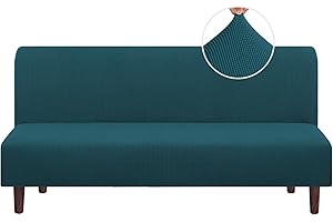 PRINCEDECO Stretch Armless Futon Cover Futon Slipcover Full Queen Size Futon Couch Cover Futon Sofa Cover Futon Bed Cover Furniture Protector with Elastic Bottom, Checked Pattern Jacquard (Futon, Deep Teal)