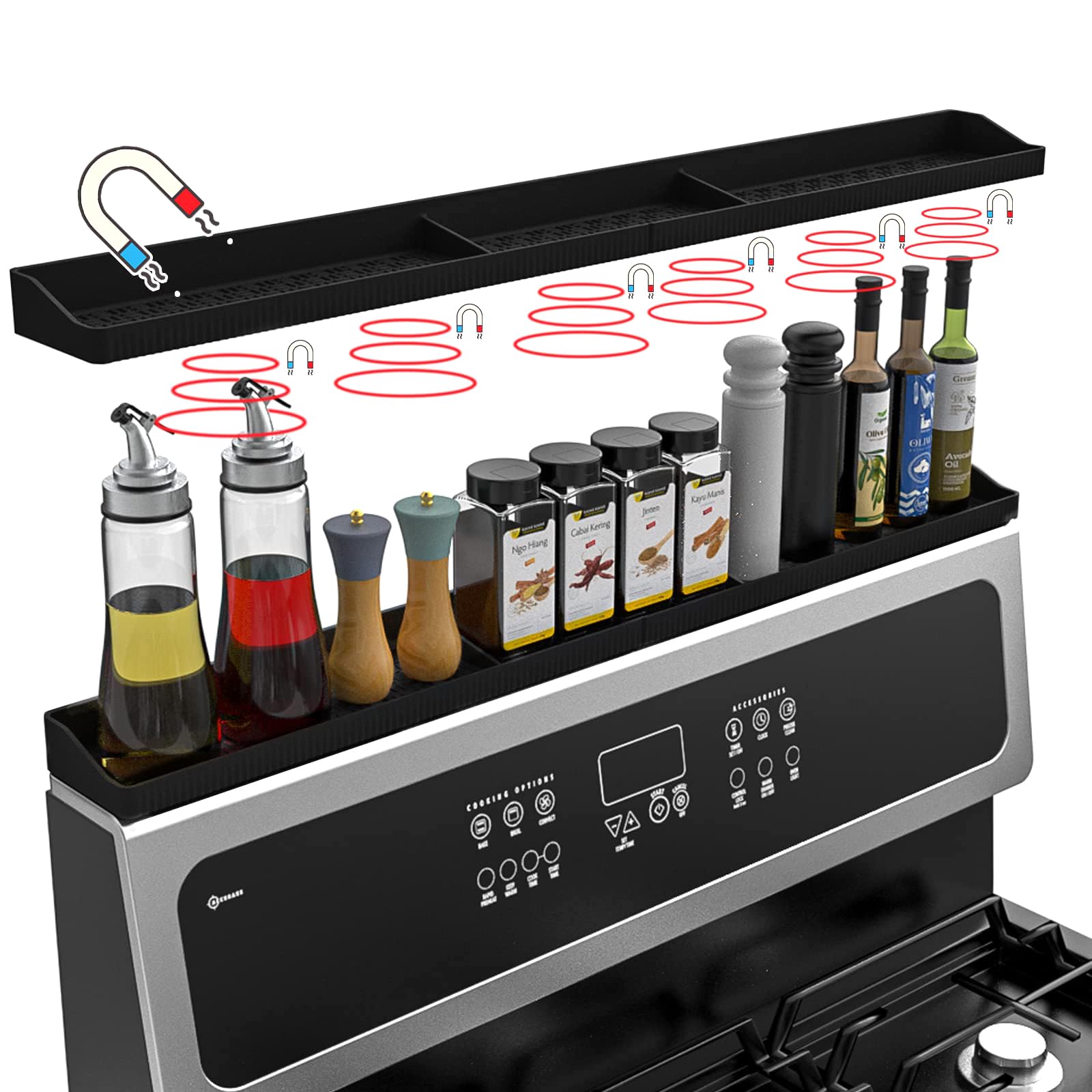 Photo 1 of Weiwavivi 30 Inch Silicone Stove Top Shelf Magnetic for Kitchen, Strong Magnetic Heat Resistant Spice Rack Organizer for Over Stove Oven - (Black)