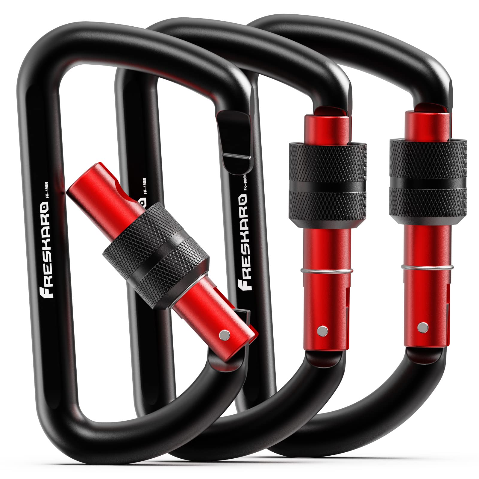 FresKaro Carabiner Clip Heavy Duty, Strong 12kN Screw-gate Aluminum Carabina, Locking Karabiner Hooks, 3 Inch, Lightweight, Lockable for Dog Lead, Hammocks, Swing, Camping, Key, D-Shaped, 3Pack Black