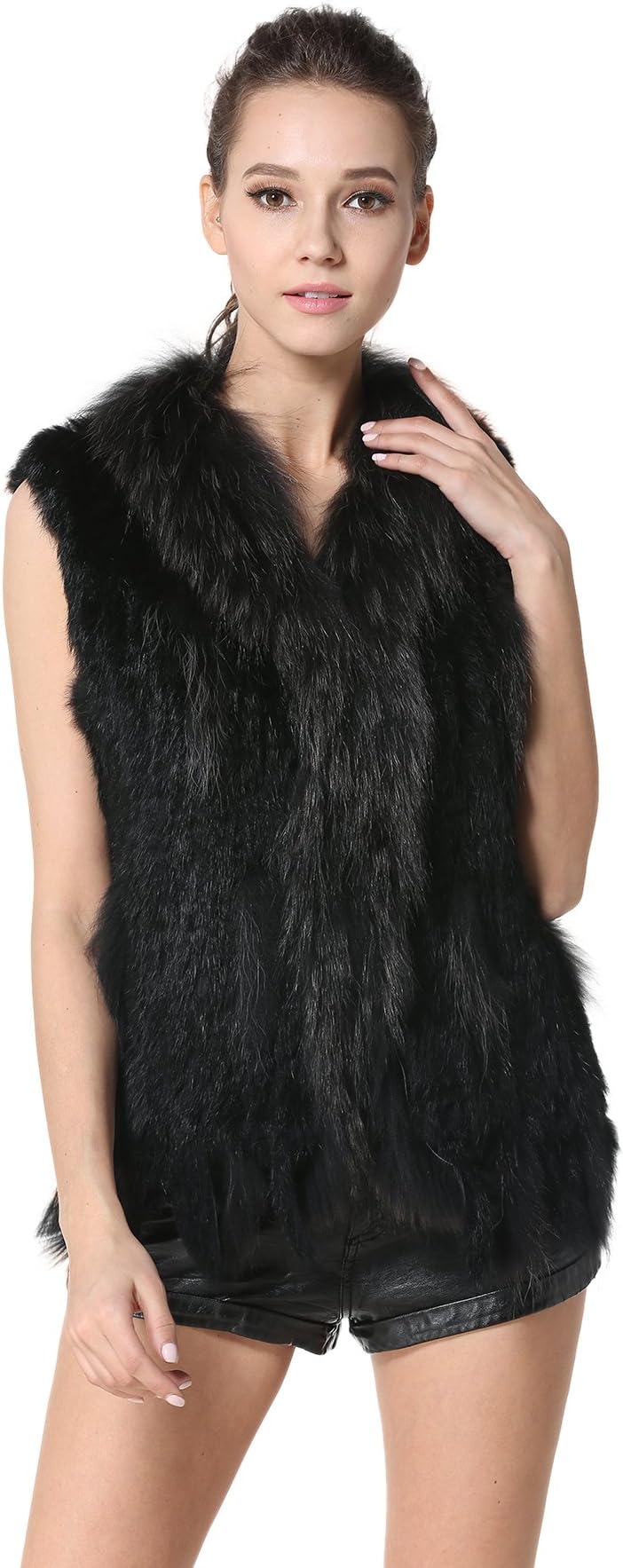 MEEFUR Rabbit Fur Vests with Raccoon Fur Collar Real Fur Knitted Women Waistcoat