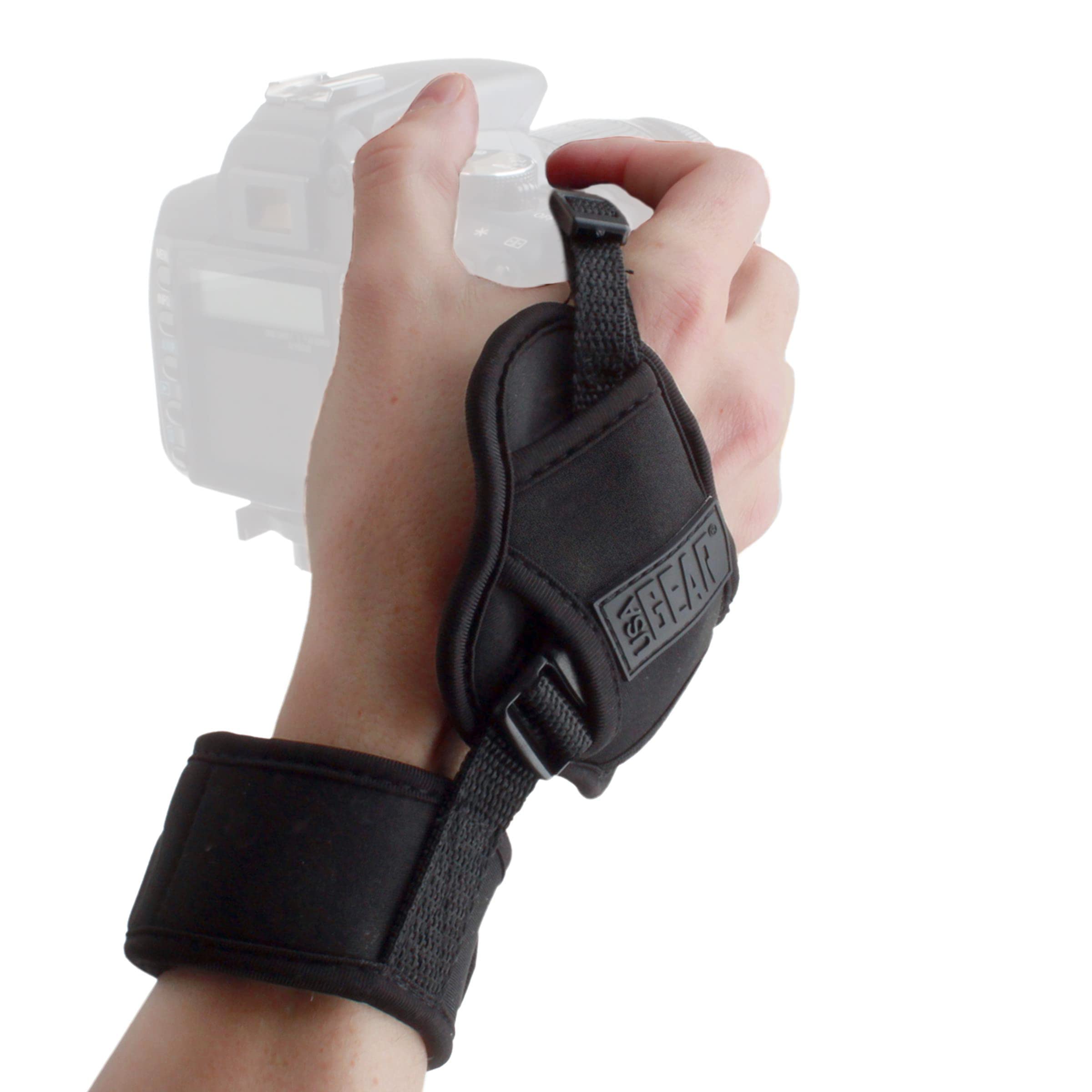 USA Gear Professional Camera Wrist Strap with Black Padded Neoprene Design and Metal Plate - Compatible with Canon, Fujifilm, Nikon, Sony and more DSLR, Mirrorless, Point and Shoot Cameras - Black