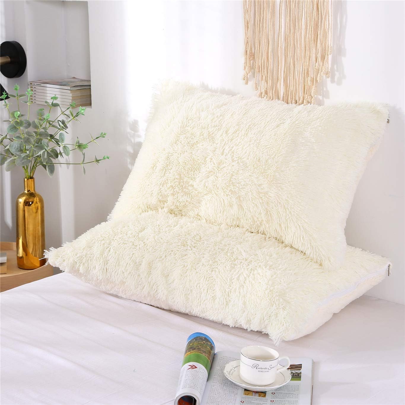 MooWoo Fluffy Pillowcase Standard Size Set of 2,Faux Fur Pillow Shams