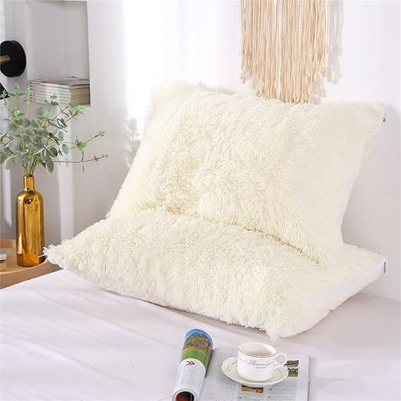 MooWoo Fluffy Pillowcase Standard Size Set of 2,Faux Fur Pillow Shams, Sherpa Shaggy Pillow