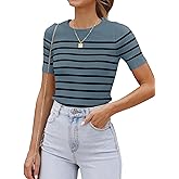 ZESICA Women's Short Sleeve Crewneck Striped T Shirt 2026 Summer Ribbed Knit Slim Fit Casual Basic Tee Tops