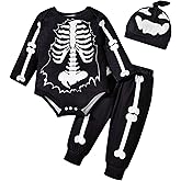 Nsdoiouw Baby Boy Fall Halloween Outfit Skeleton Print Long Sleeve Rompers and Pants Hat Set Spring 3Pcs Clothes Set