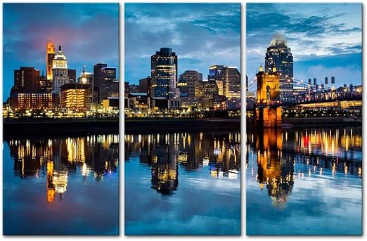 Amazon Com Wall Art Decor Poster Painting On Canvas Print Pictures 3 Pieces Cincinnati Ohio At Sunrise Reflected In The Ohio River Architecture Cityscape Framed Picture For Home Decoration Living Room Artwork Posters