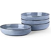 LIANYU Stoneware Pasta Bowls Set of 4, 35oz Large Salad Pasta Bowl for Home, Wide and Shallow Ceramic Plate Bowls for Serving Soup, Dinner, Microwave & Dishwasher Safe, Serenity Blue