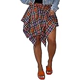 Women's Plaid Skirts High Waisted Knot Front Asymmetrical Hem Mini Skater Skirt