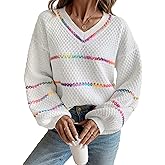 COOLOYA Women's Color Block Striped V Neck Knit Sweater Relaxed Fit Long Sleeve Pullover Tops
