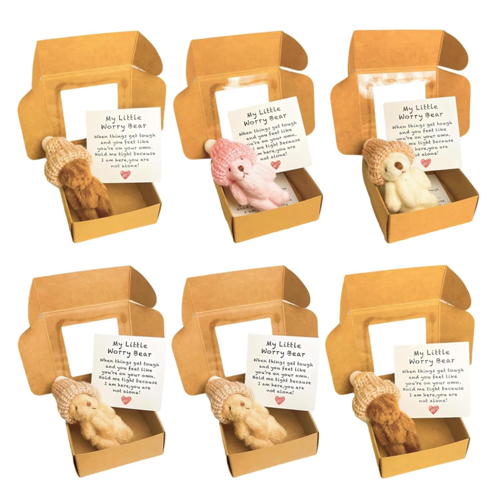 Worry Bear in a Box, Mini Plush Teddy Bears with Inspirational Card, Pocket Sized Hug Present for Anxiety Relief, Positive Good Luck Gifts for Friends, Women, Men for Christmas Birthday (6Pcs) — image 1