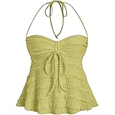 ASKHOPE Women's Ruched Halter Tops Peplum Cami Tops Y2K Drawstring Tie Crop Top for Summer Going Out Dressy Casual