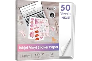 KOALA PAPER Koala Inkjet Printable Vinyl Sticker Paper for Inkjet Printer - 50 Sheets White Glossy Sticker Paper, Waterproof Sticker Printer Paper 8.5x11 Inch, Tear-Resistant, Removable