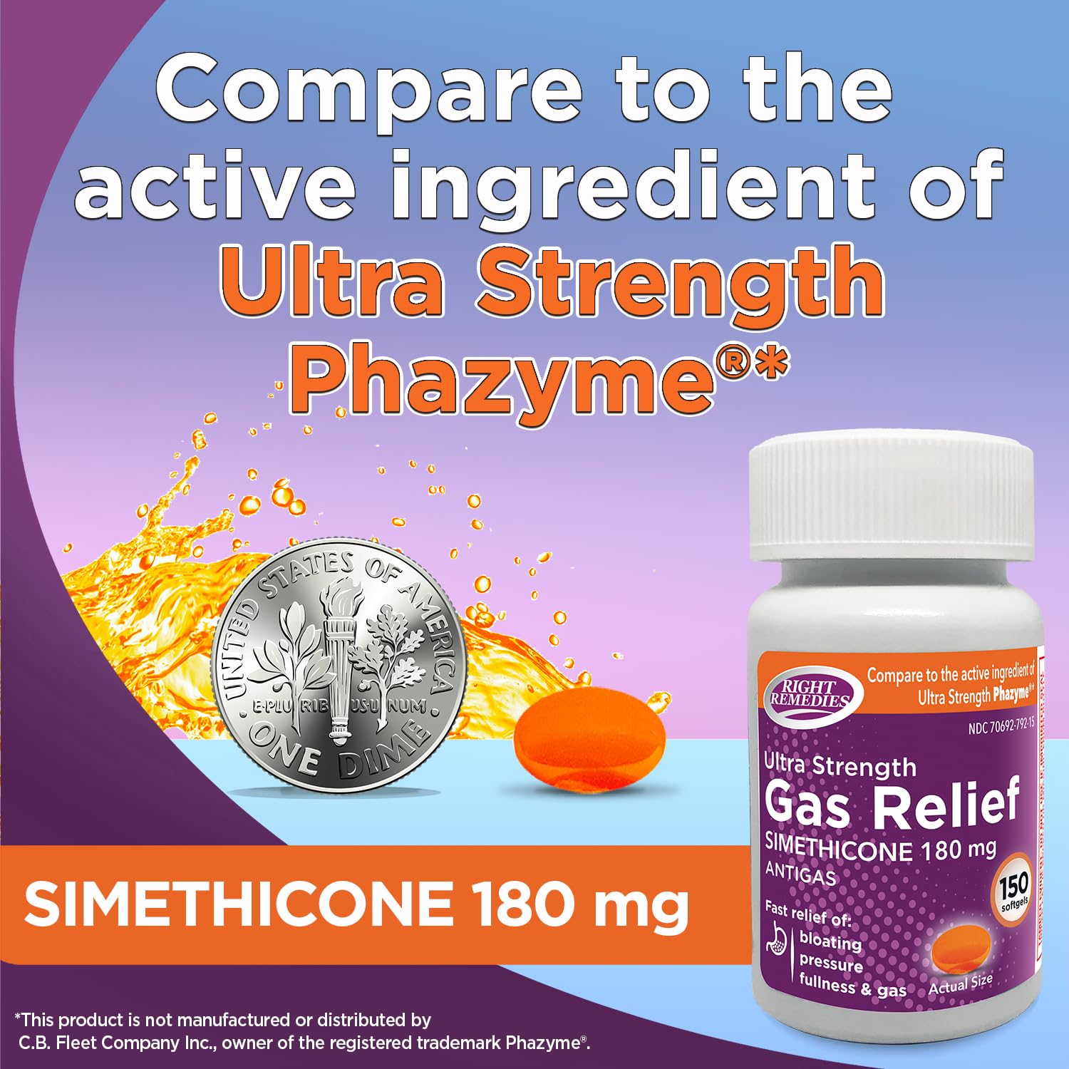 RIGHT REMEDIES Gas Relief Ultra Strength, 180mg Simethicone (150 Softgels) Fast Relief from Gas, Bloating, Fullness, Painful Discomfort, Compare to Ultra Strength Phazyme Active Ingredient