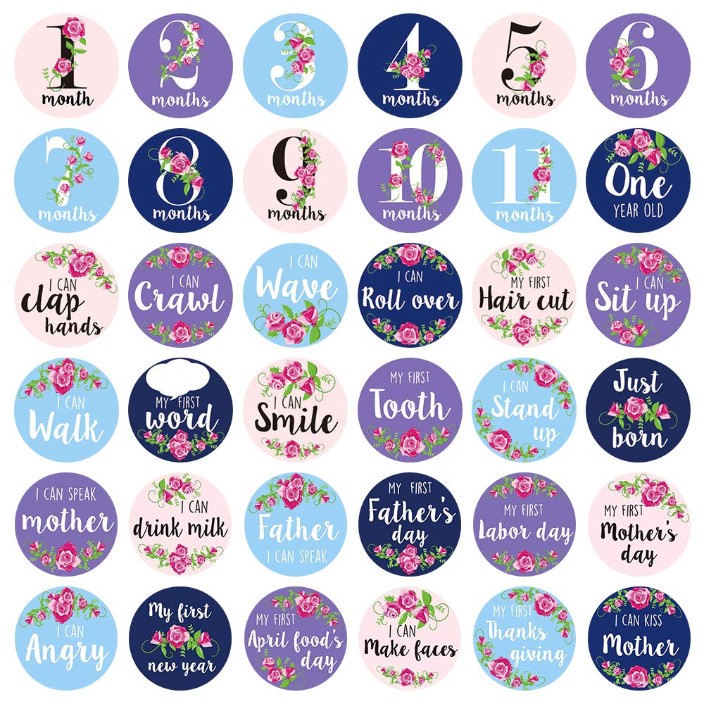 HIGO Baby Monthly Milestone Stickers | 36 Pack Floral Baby Growth& Holiday Stickers | Newborn Girl Stickers | Best Baby Shower Gift | Decorative Photograph Prop (36 Pack Floral)