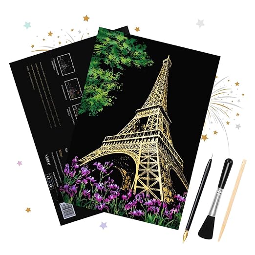 HOMEWINS Kratzbilder Set 405 x 285MM Weltberühmte Sehenswürdigkeiten Schwarz Beschichtet Bunte Kratzpapier DIY Kunst Malerei 
