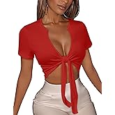Women's Tie Front Crop Top V Neck Short Sleeve T Shirt Summer Casual Basic Slim Fit Tees